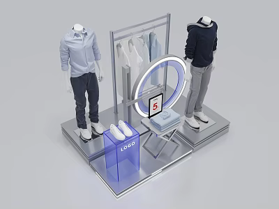 Shopping Mall Retail Counter Featuring Mannequins Apparel Racks Circular Lighting And Display Stand 3d model