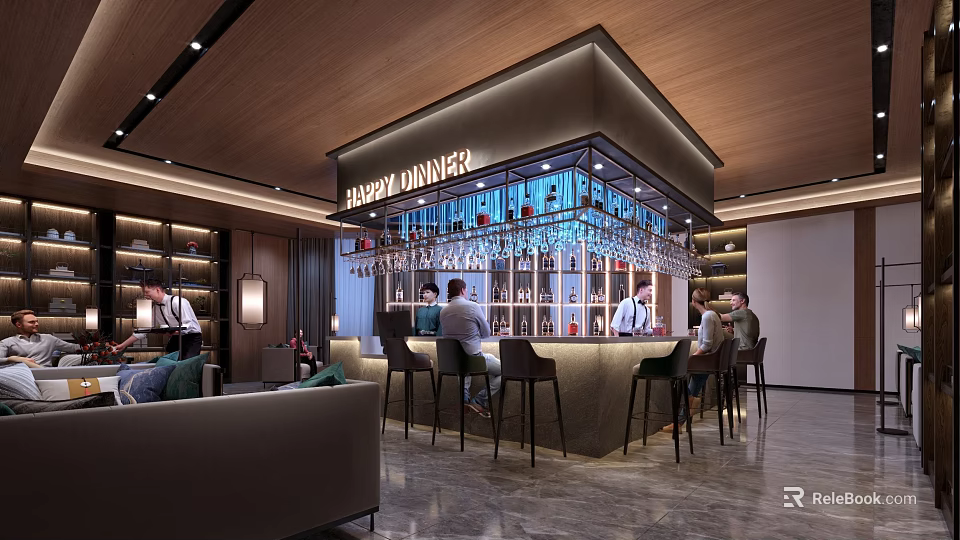 Modern Barrel Dinner Bar Interior With Wooden Counter High Stools And Wine Rack 3d model 