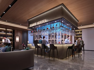 Modern Barrel Dinner Bar Interior With Wooden Counter High Stools And Wine Rack 3d model