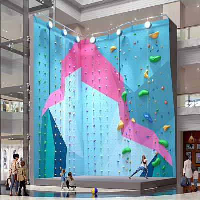 Indoor Climbing Wall With Colorful Holds In Shopping Mall People Climbing And Watching 3d model