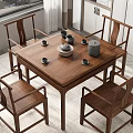Solid Wood Tea Table And Chairs With Chinese Style Interior And Tea Set On Tabletop 3d model