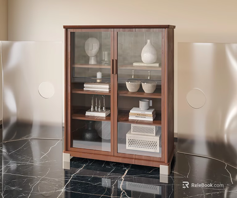 Walnut Display Cabinet With Glass Doors Holding Vase Bowls And Books On Marble Floor 3d model 