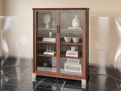 Walnut Display Cabinet With Glass Doors Holding Vase Bowls And Books On Marble Floor 3d model