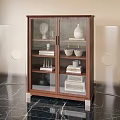Walnut Display Cabinet With Glass Doors Holding Vase Bowls And Books On Marble Floor