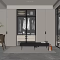 Modern Elegant Walk In Closet With Glass Door Cabinets Hanging Clothes Bench And Marble Floor