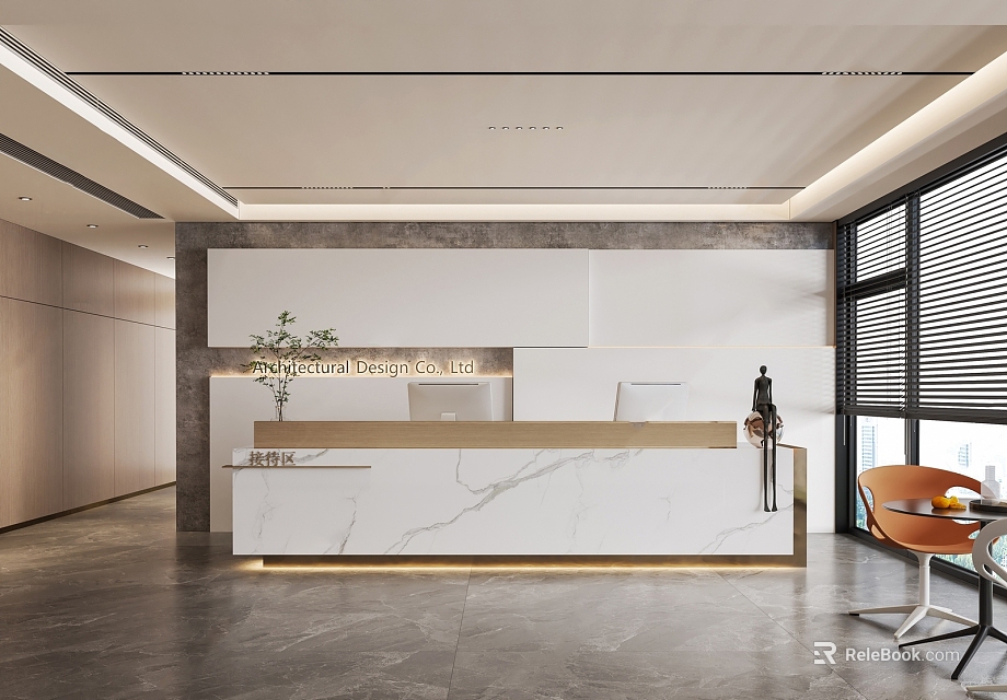 Modern Office Reception Desk Design With Marble Countertop And Green Plant 3d model 