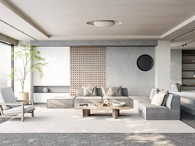 Modern Minimalist Living Room Interior With Grey Sofa Wooden Coffee Table And Large Green Plant 3d model