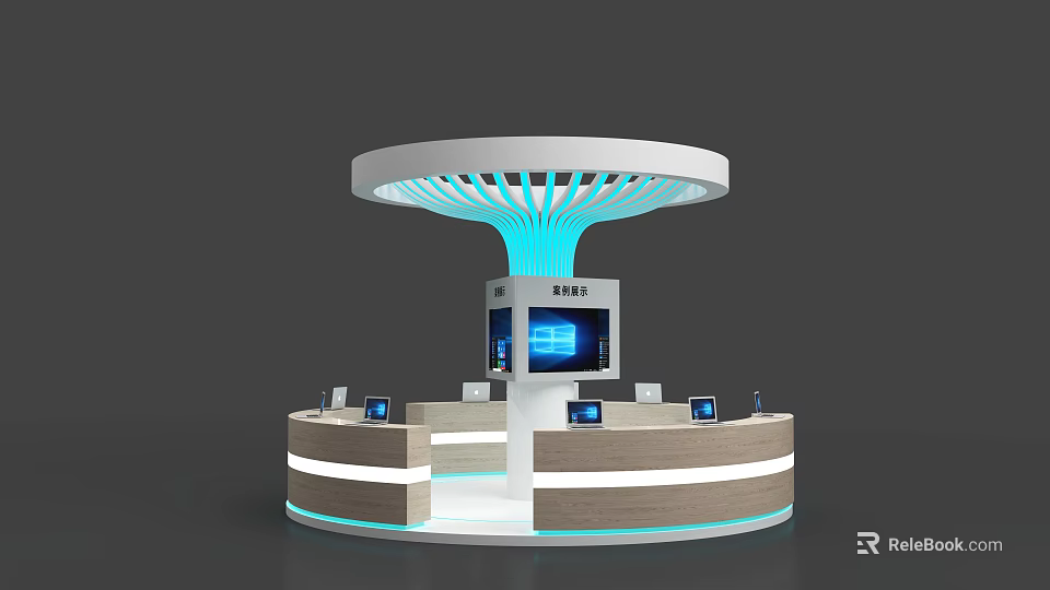 Modern Exhibition Booth Design With Circular Top Blue Lighting BEST Screen And Computers 3d model