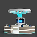 Modern Exhibition Booth Design With Circular Top Blue Lighting BEST Screen And Computers 3d model
