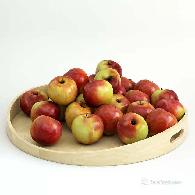 Fresh Ripe Red and Yellow Apples Placed on a Wooden Serving Tray 3d model 