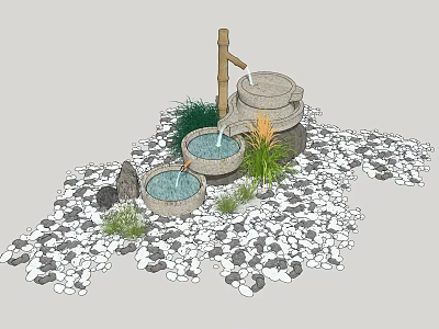 Garden Ornament With Stone Basins Water Flow Pebbles Grass And Wooden Faucet 3d model