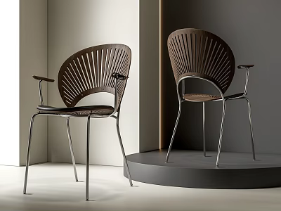 Modern Dining Chairs With Curved Wooden Backrest And Sleek Metal Leg Armrests 3d model