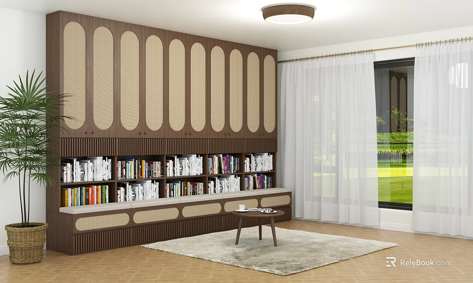 Brown Wooden Bookcase With Rattan Panels Filled With Books And Small Coffee Table Near Window 3d model 