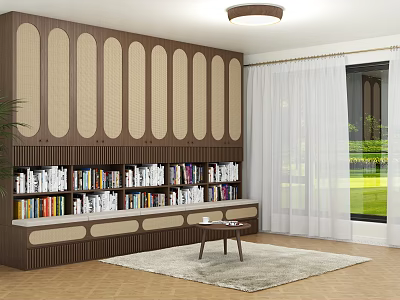 Brown Wooden Bookcase With Rattan Panels Filled With Books And Small Coffee Table Near Window 3d model