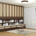 Brown Wooden Bookcase With Rattan Panels Filled With Books And Small Coffee Table Near Window