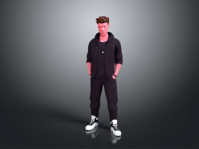Man Standing in Black Hoodie and Pants with Hands in Pockets White Sneakers Gray Background 3d model
