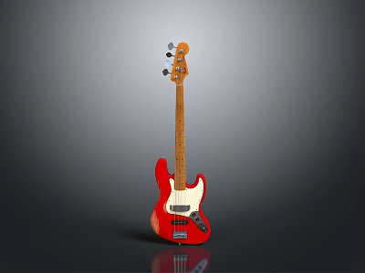 Red Electric Bass Guitar With Classic Body Design And Chrome Tuning Pegs 3d model