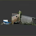 Old Red Brick Building with Gray Roof Plants White Shed Grass Blue Boats Near Waterfront