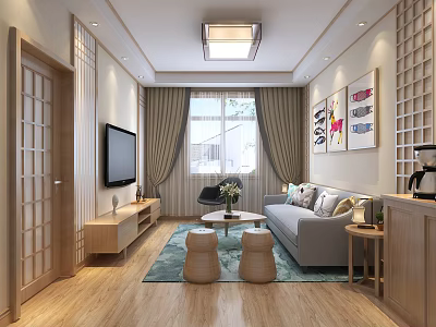 Modern Living Room Interior With Lattice Doors Wooden Flooring TV Sofa And Decorative Paintings 3d model
