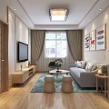 Modern Living Room Interior With Lattice Doors Wooden Flooring TV Sofa And Decorative Paintings