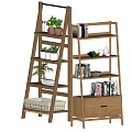 Modern Wooden Ladder Bookcase With Shelves Plants Books And Decor Drawer