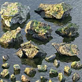 Moss Covered Rocks and Natural Wood in Water with Reflective Surfaces and Smooth Edges