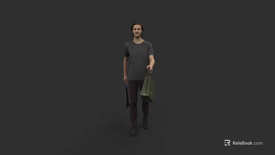 Man Holding Shopping Bag And Folder Wearing Gray T-shirt And Dark Pants 3d model 