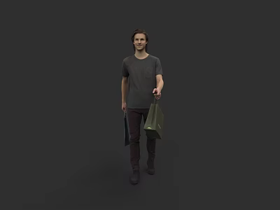 Man Holding Shopping Bag And Folder Wearing Gray T-shirt And Dark Pants 3d model
