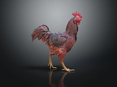 Colorful Red Brown Rooster With Detailed Feathers Standing On Dark Background With Reflection 3d model