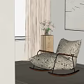 Neutral Toned Patterned Rocking Lounge Chair with Wooden Side Table Vase and Wall Art