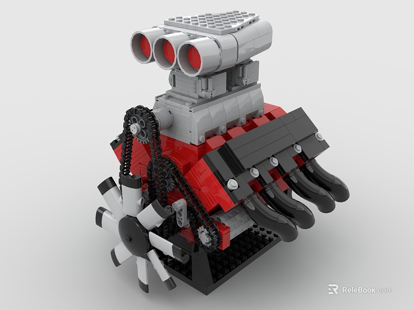 Detailed Lego Engine Model With Red Black Parts Fan And Chain Components 3d model 