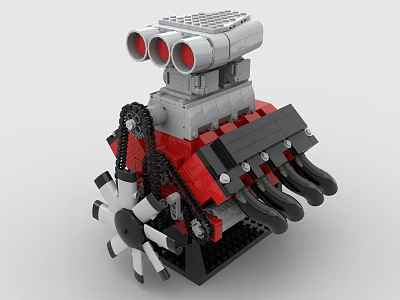 Detailed Lego Engine Model With Red Black Parts Fan And Chain Components 3d model