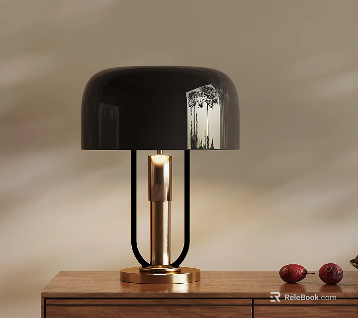 Black Table Lamp With Gold Base And Stand On Wooden Table With Red Fruits 3d model 