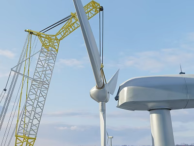 Yellow Construction Crane Installing White Wind Turbine Blade Under Cloudy Sky 3d model