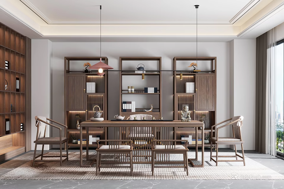 Traditional Tea Room Interior Design With Wooden Furniture And Hanging Lamps 3d model 