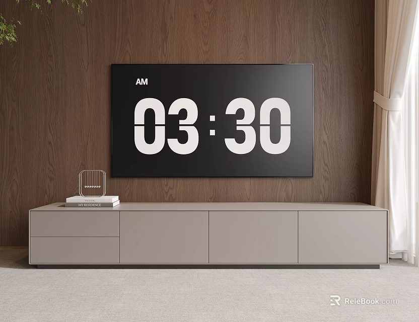 Light Gray Modern TV Stand With Flat Screen TV Mounted On Wooden Wall 3d model 