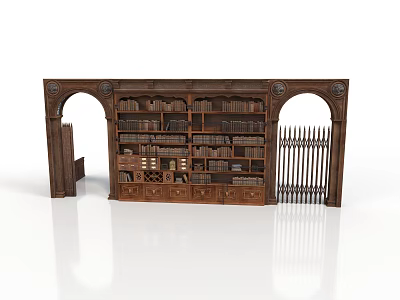 Ornate Vintage Wooden Bookcase With Arched Carvings Multiple Shelves Fence Like Panels Filled With Books 3d model