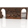 Ornate Vintage Wooden Bookcase With Arched Carvings Multiple Shelves Fence Like Panels Filled With Books