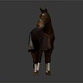 Brown Horse Wearing Dark Colored Blanket With Red Trim And White Leg Wraps