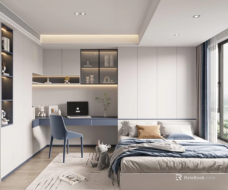 Modern Tatami Bedroom Interior With Desk Blue Chair Bookshelves And Window Storage 3d model 