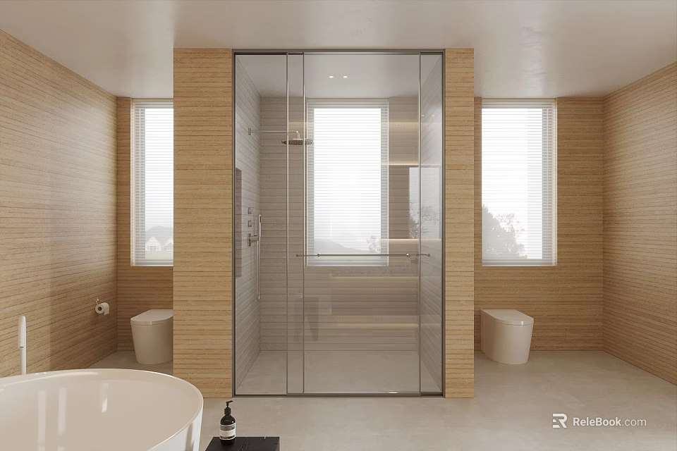 Modern Bathroom Interior With Wooden Walls Glass Shower Enclosure Bathtub Toilets And Natural Light 3d model 