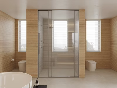 Modern Bathroom Interior With Wooden Walls Glass Shower Enclosure Bathtub Toilets And Natural Light 3d model