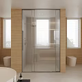 Modern Bathroom Interior With Wooden Walls Glass Shower Enclosure Bathtub Toilets And Natural Light