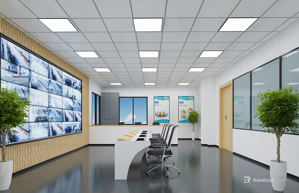Modern Monitoring Room Interior With Large Monitoring Screens Control Desk Windows Green Plants And Posters 3d model 