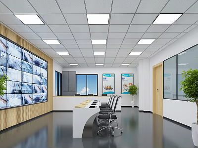 Modern Monitoring Room Interior With Large Monitoring Screens Control Desk Windows Green Plants And Posters 3d model