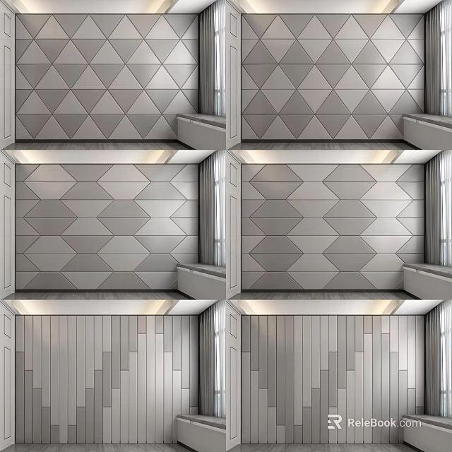 Modern Soft Panel Walls Featuring Geometric Patterns Various Designs Gray Tones Lighting Accents 3d model 