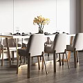 Modern Dining Table Set With Light Colored Chairs Vase Flowers Wine Glasses And Tableware 3d model