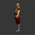 Bald Man in Yellow Top and Red Shorts with Blue Beaded Necklace and Shoulder Armor