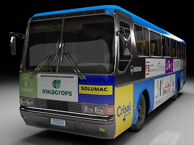 Colorful Urban Bus With Blue Yellow Green Design And Multiple Brand Advertisements 3d model