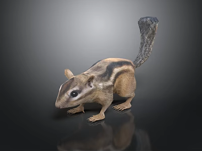 Striped Squirrel With Long Tail Standing On Black Background With Reflection 3d model